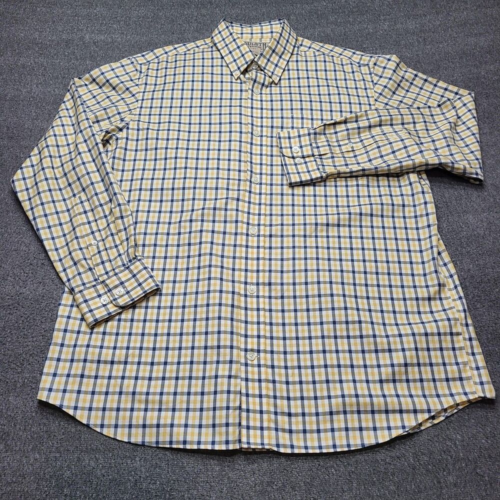 Duluth Trading Co Shirt Mens Large Yellow Blue Plaid‎ Button Down Casual Cotton